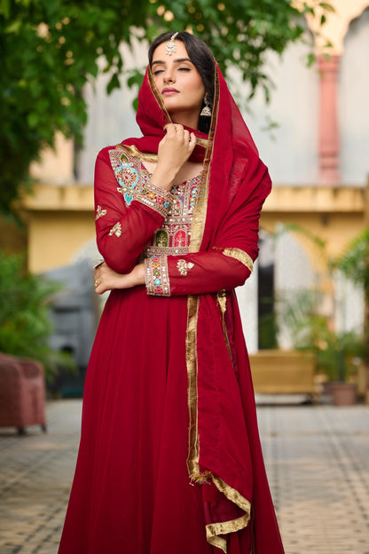 Majestic Red Anarkali Gown with Heavy Embroidered Yoke
