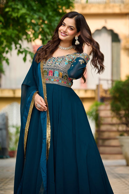 Teal Blue Flared Anarkali Gown with Embroidered Yoke