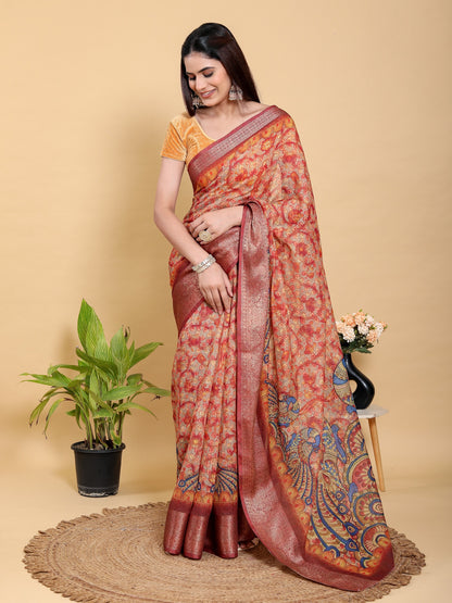 Traditional Printed Saree with Peacock Motif and Heavy Zari Border